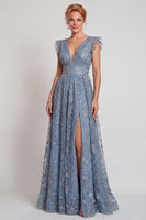 Laden Sie das Bild in den Galerie-Viewer, Graublaues Applikiertes V-Ausschnitt A-Linie Mutter der Braut Kleid mit Schlitz