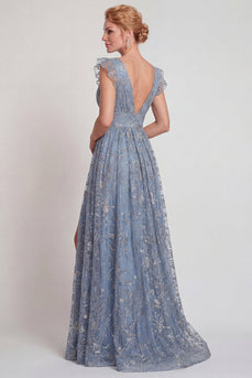 Graublaues Applikiertes V-Ausschnitt A-Linie Mutter der Braut Kleid mit Schlitz