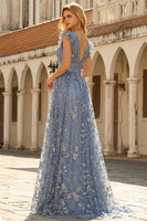 Laden Sie das Bild in den Galerie-Viewer, Graublaues A-Linie Pailletten V-Ausschnitt Langes Ballkleid mit Schlitz