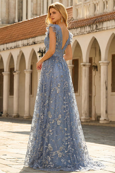 Graublaues A-Linie Pailletten V-Ausschnitt Langes Ballkleid mit Schlitz