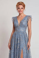 Laden Sie das Bild in den Galerie-Viewer, Graublaues Applikiertes V-Ausschnitt A-Linie Mutter der Braut Kleid mit Schlitz