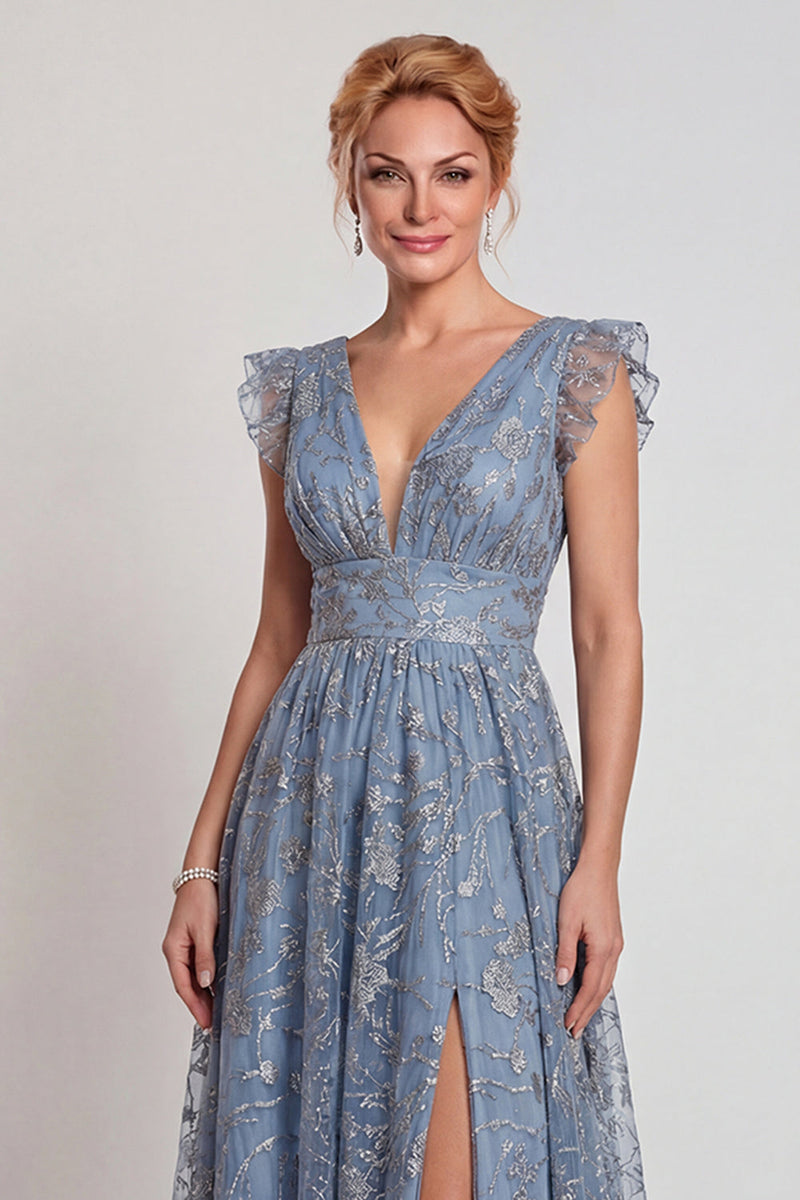 Laden Sie das Bild in den Galerie-Viewer, Graublaues Applikiertes V-Ausschnitt A-Linie Mutter der Braut Kleid mit Schlitz
