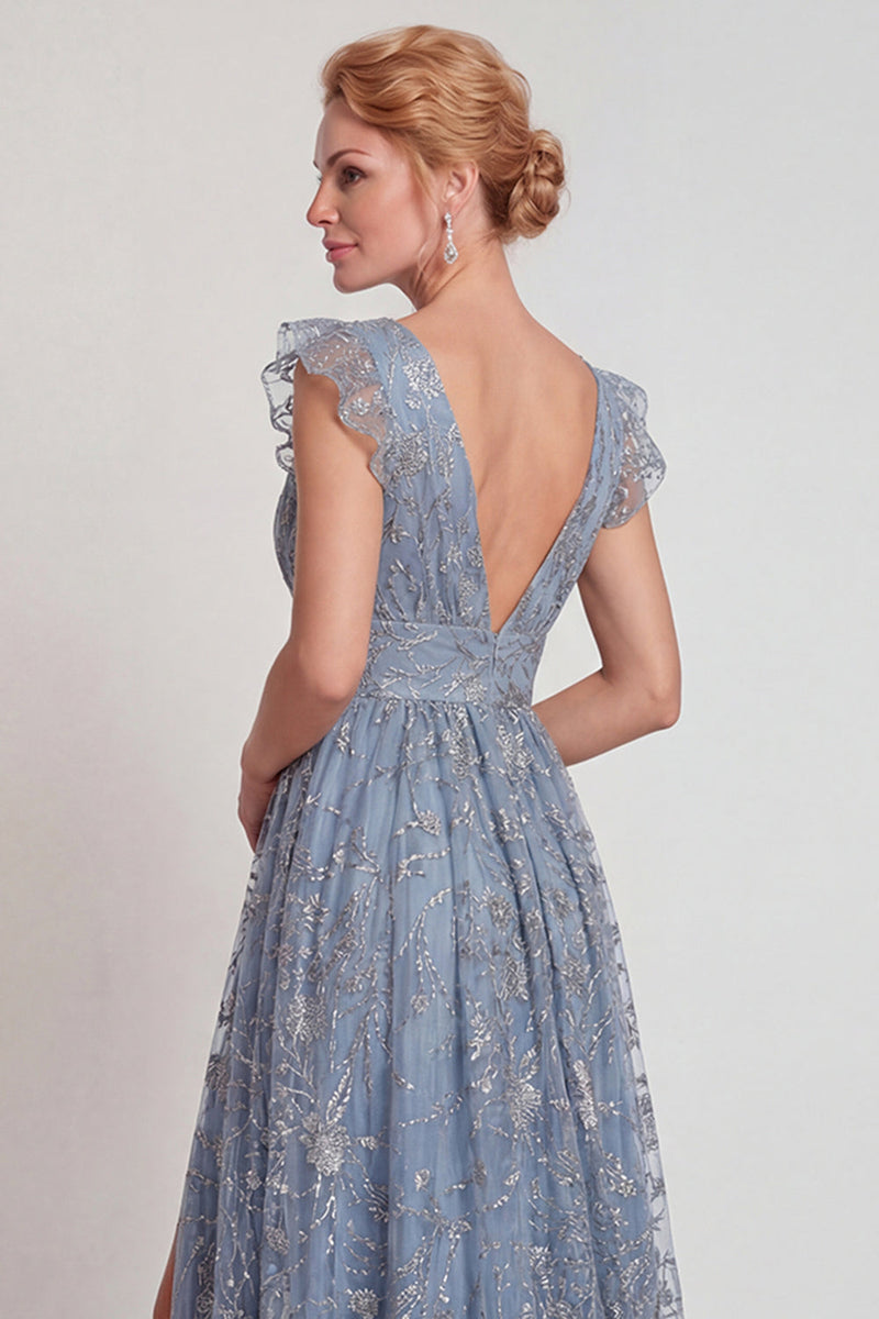 Laden Sie das Bild in den Galerie-Viewer, Graublaues Applikiertes V-Ausschnitt A-Linie Mutter der Braut Kleid mit Schlitz