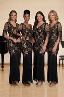 Laden Sie das Bild in den Galerie-Viewer, Sheath Schwarzes Pailletten V-hals Langes Chorkleid mit Fransen