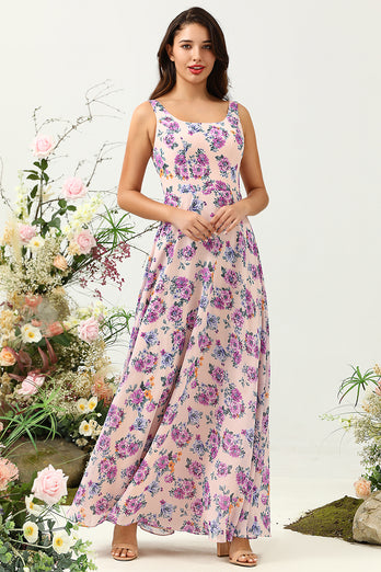 Langes Brautjungfernkleid mit quadratischem Ausschnitt und rosa Blumendruck mit offenem Rücken