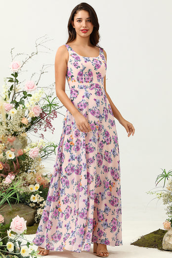 Langes Brautjungfernkleid mit quadratischem Ausschnitt und rosa Blumendruck mit offenem Rücken