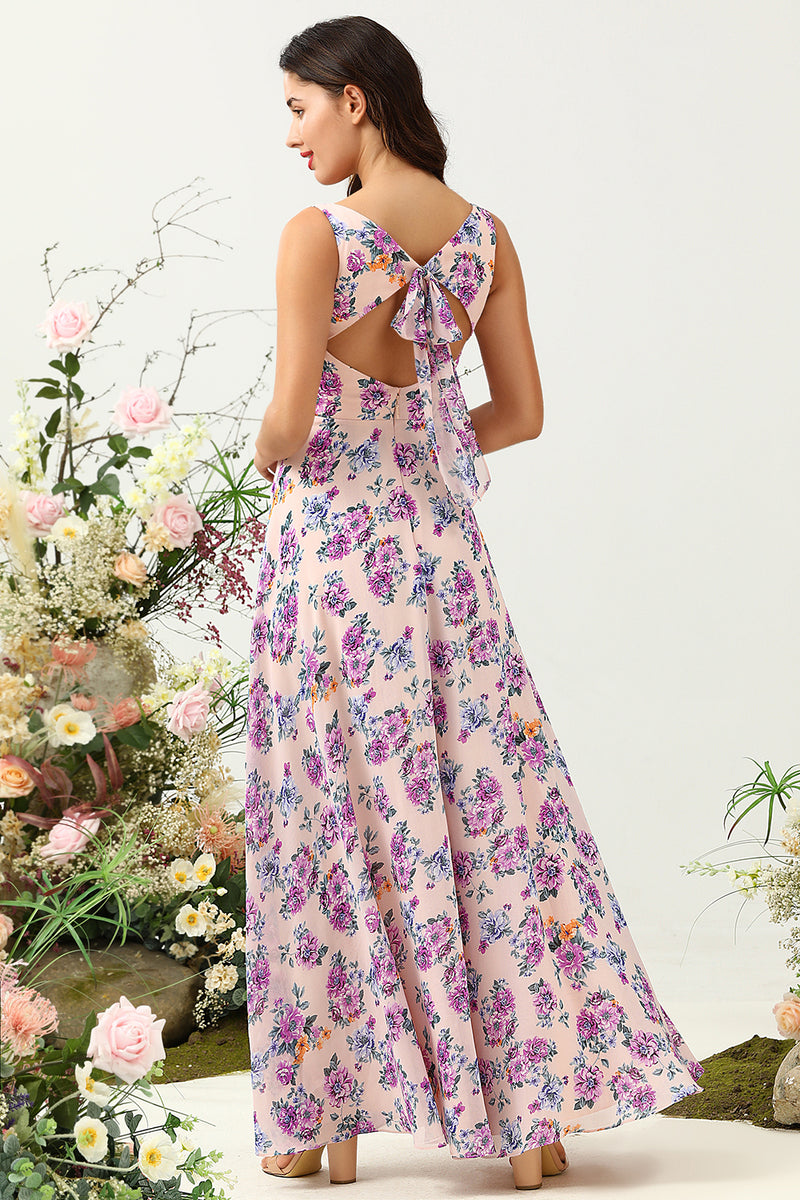 Laden Sie das Bild in den Galerie-Viewer, Langes Brautjungfernkleid mit quadratischem Ausschnitt und rosa Blumendruck mit offenem Rücken