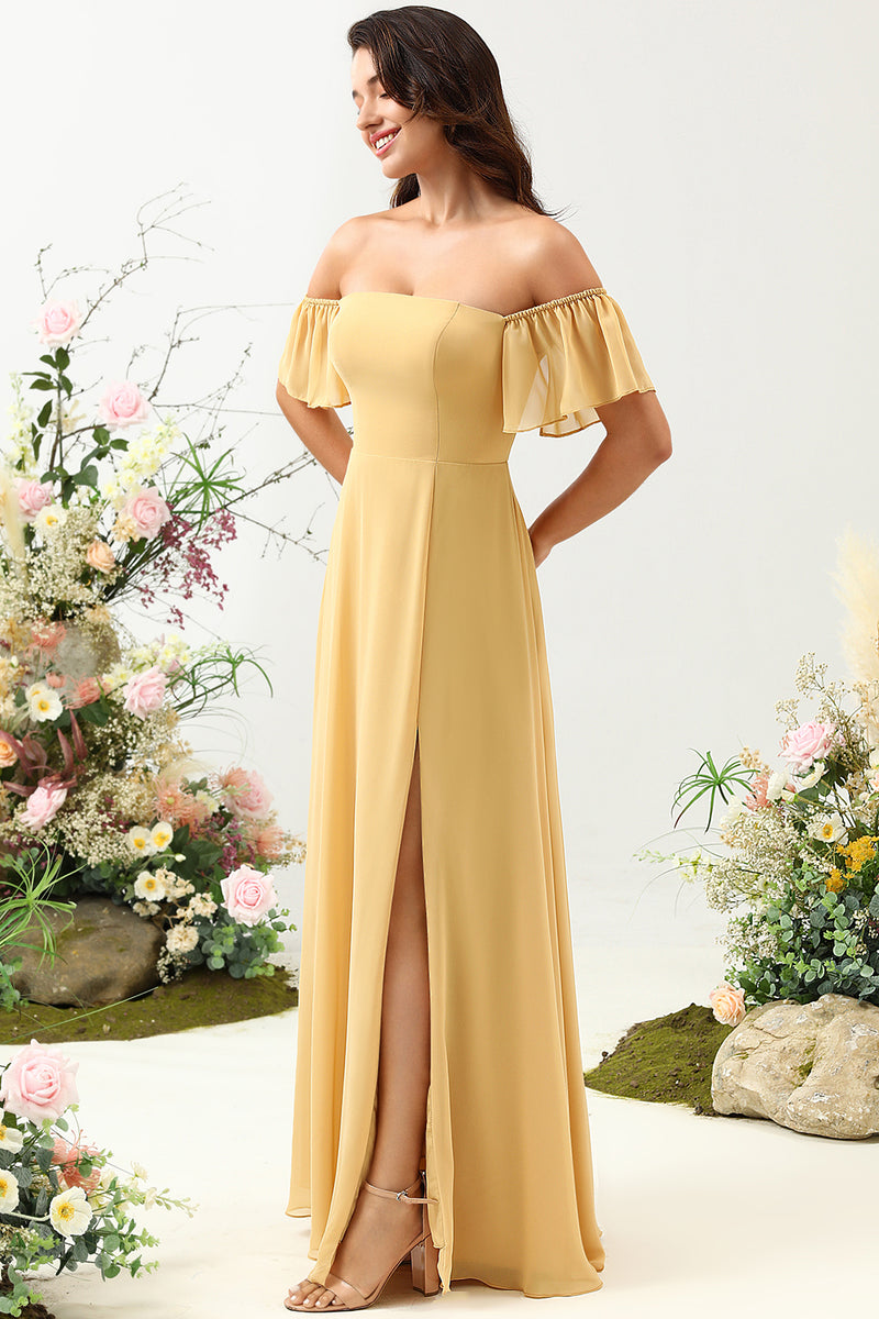Laden Sie das Bild in den Galerie-Viewer, A-Linie Schulterfreies gelbes langes Brautjungfernkleid