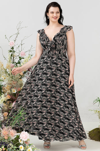 A-Linie schwarzes V-Ausschnitt Brautjungfernkleid mit Rüschen