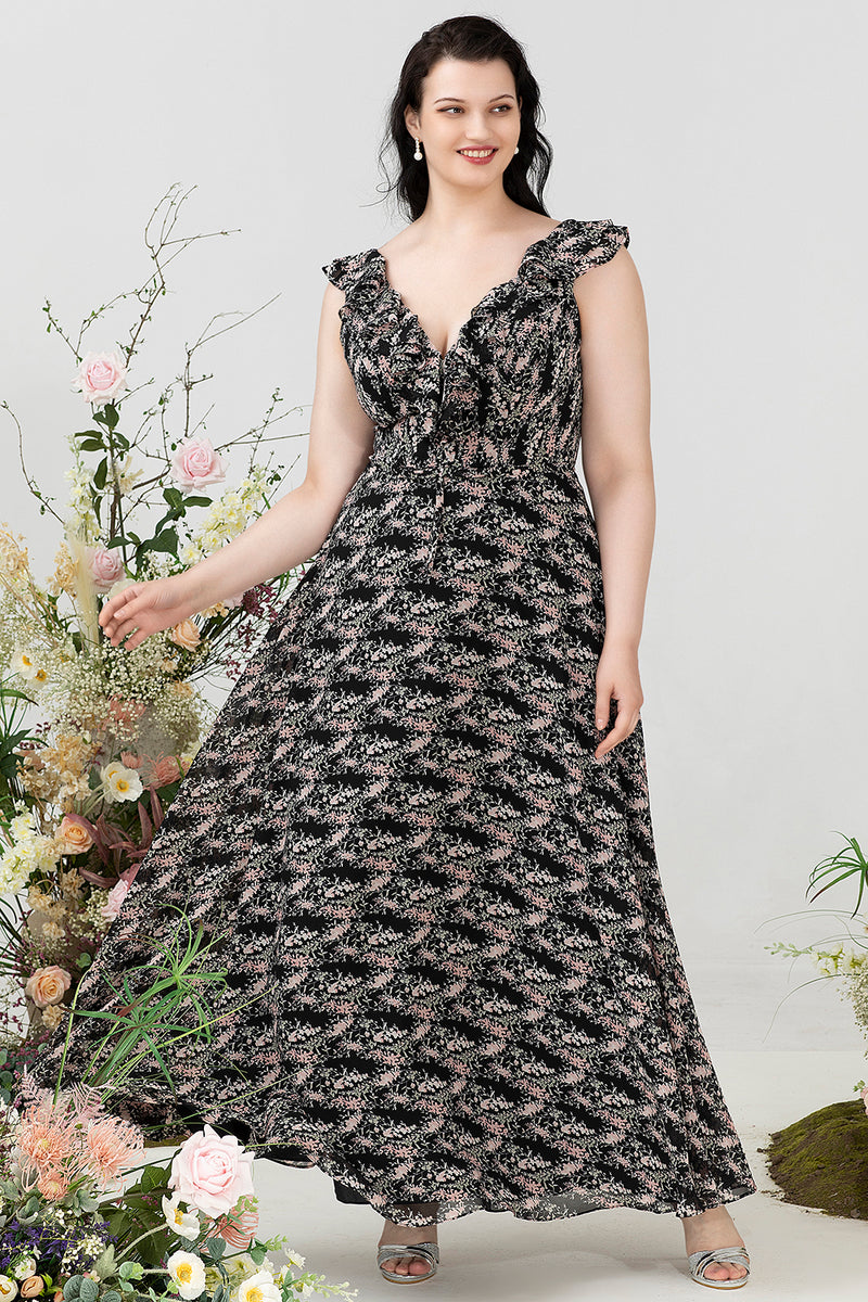 Laden Sie das Bild in den Galerie-Viewer, A-Linie schwarzes V-Ausschnitt Brautjungfernkleid mit Rüschen