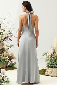 Einfaches graues langes Brautjungfernkleid mit Neckholder und Schlitz