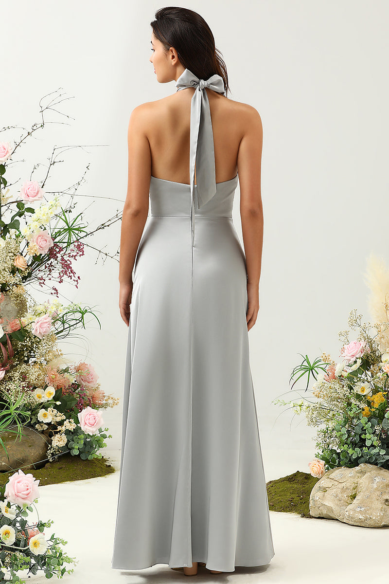Laden Sie das Bild in den Galerie-Viewer, Einfaches graues langes Brautjungfernkleid mit Neckholder und Schlitz