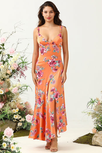 Orange asymmetrisches Boho Brautjungfernkleid mit Blumenmuster