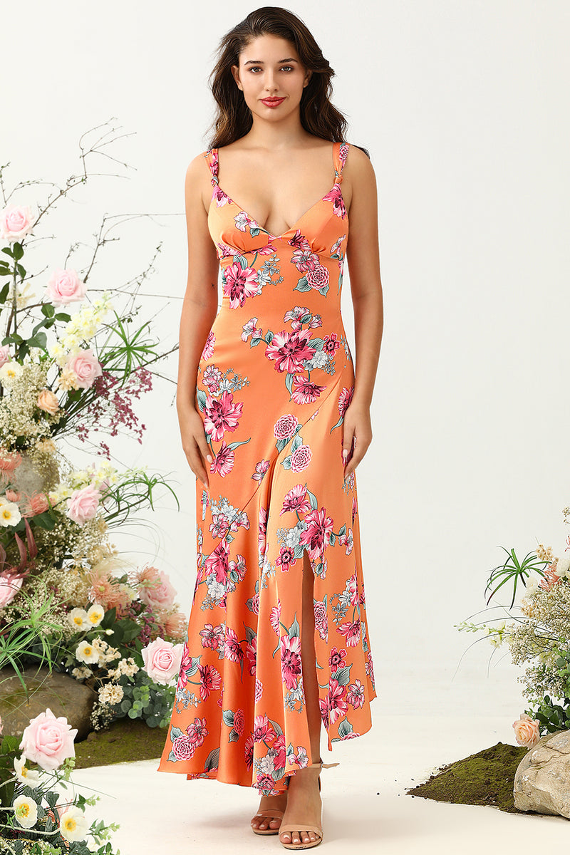 Laden Sie das Bild in den Galerie-Viewer, Orange asymmetrisches Boho Brautjungfernkleid mit Blumenmuster