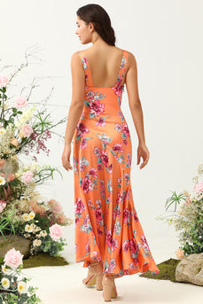 Orange asymmetrisches Boho Brautjungfernkleid mit Blumenmuster