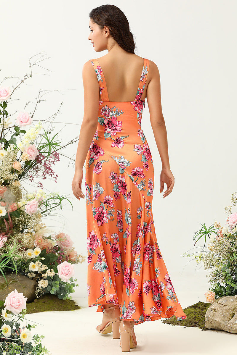 Laden Sie das Bild in den Galerie-Viewer, Orange asymmetrisches Boho Brautjungfernkleid mit Blumenmuster