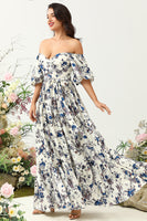 Laden Sie das Bild in den Galerie-Viewer, Weißes blaues Blume Boho Brautjungfernkleid