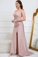 Laden Sie das Bild in den Galerie-Viewer, Meerjungfrau Spaghettiträger Blush Langes Ballkleid mit Perlen