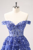 Laden Sie das Bild in den Galerie-Viewer, Glitzerndes schulterfreies Korsett Dunkelblaues Korsett Abiballkleid mit Rüschen