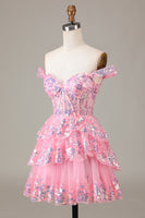 Laden Sie das Bild in den Galerie-Viewer, Glitzerndes blaues Korsett gestuftes Spitze A-Linie Kurzes Abschlussballkleid