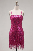 Laden Sie das Bild in den Galerie-Viewer, Fuchsia Scheide Spaghettiträger Pailletten Kurzes Abendkleid mit Schnürung hinten
