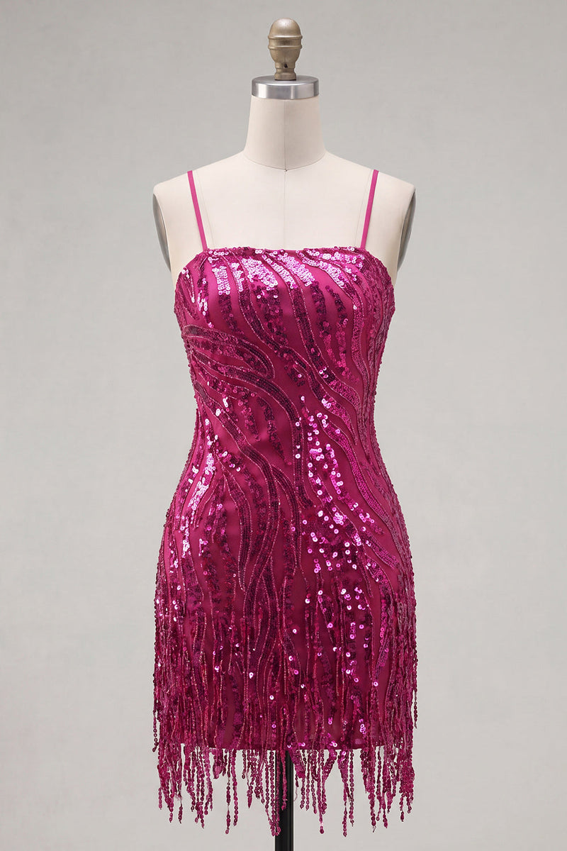 Laden Sie das Bild in den Galerie-Viewer, Fuchsia Scheide Spaghettiträger Pailletten Kurzes Abendkleid mit Schnürung hinten