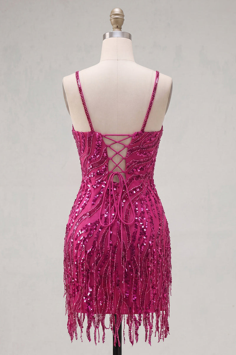 Laden Sie das Bild in den Galerie-Viewer, Fuchsia Scheide Spaghettiträger Pailletten Kurzes Abendkleid mit Schnürung hinten