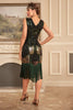 Laden Sie das Bild in den Galerie-Viewer, Schwarzes grünes Paillettenkleid mit Fransen aus den 1920er Jahren