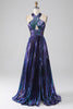 Laden Sie das Bild in den Galerie-Viewer, Atemberaubendes lila Neckholder Kleid in A-Linie mit Schlüsselloch und Schlitz