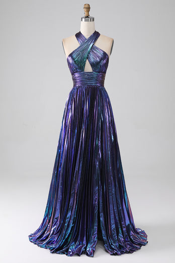 Atemberaubendes lila Neckholder Kleid in A-Linie mit Schlüsselloch und Schlitz