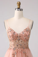 Laden Sie das Bild in den Galerie-Viewer, Glitzerndes Blush A-Linie Pailletten Spaghettiträger Langes Ballkleid mit Schlitz