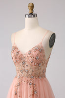Laden Sie das Bild in den Galerie-Viewer, Glitzerndes Blush A-Linie Pailletten Spaghettiträger Langes Ballkleid mit Schlitz
