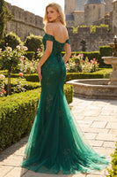 Laden Sie das Bild in den Galerie-Viewer, Mermaid Schulterfreies Dunkelgrünes Ballkleid mit Applikationen