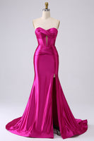 Laden Sie das Bild in den Galerie-Viewer, Fuchsia Trägerloses Satin Meerjungfrauen Korsett Langes Übergröße Ballkleid mit Schlitz