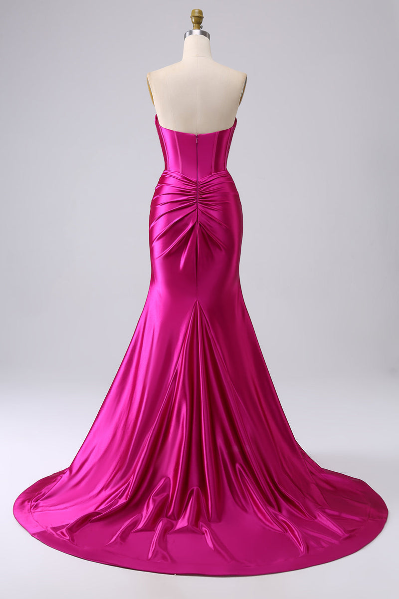 Laden Sie das Bild in den Galerie-Viewer, Fuchsia Trägerloses Satin Meerjungfrauen Korsett Langes Übergröße Ballkleid mit Schlitz