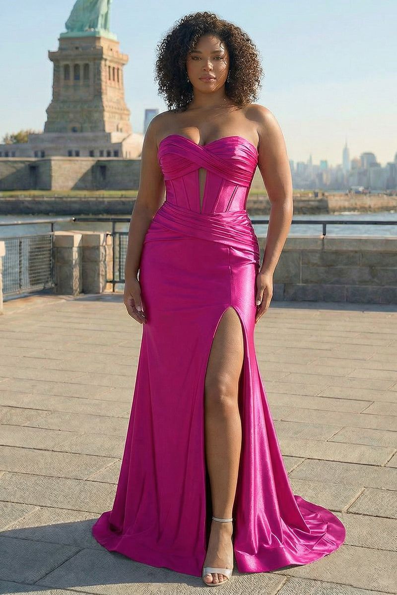 Laden Sie das Bild in den Galerie-Viewer, Funkelndes Mermaid Fuchsia Korsett Ballkleid mit Schlitz