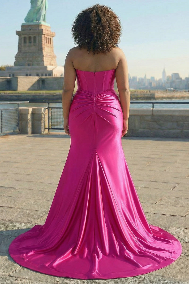 Laden Sie das Bild in den Galerie-Viewer, Fuchsia Trägerloses Satin Meerjungfrauen Korsett Langes Übergröße Ballkleid mit Schlitz