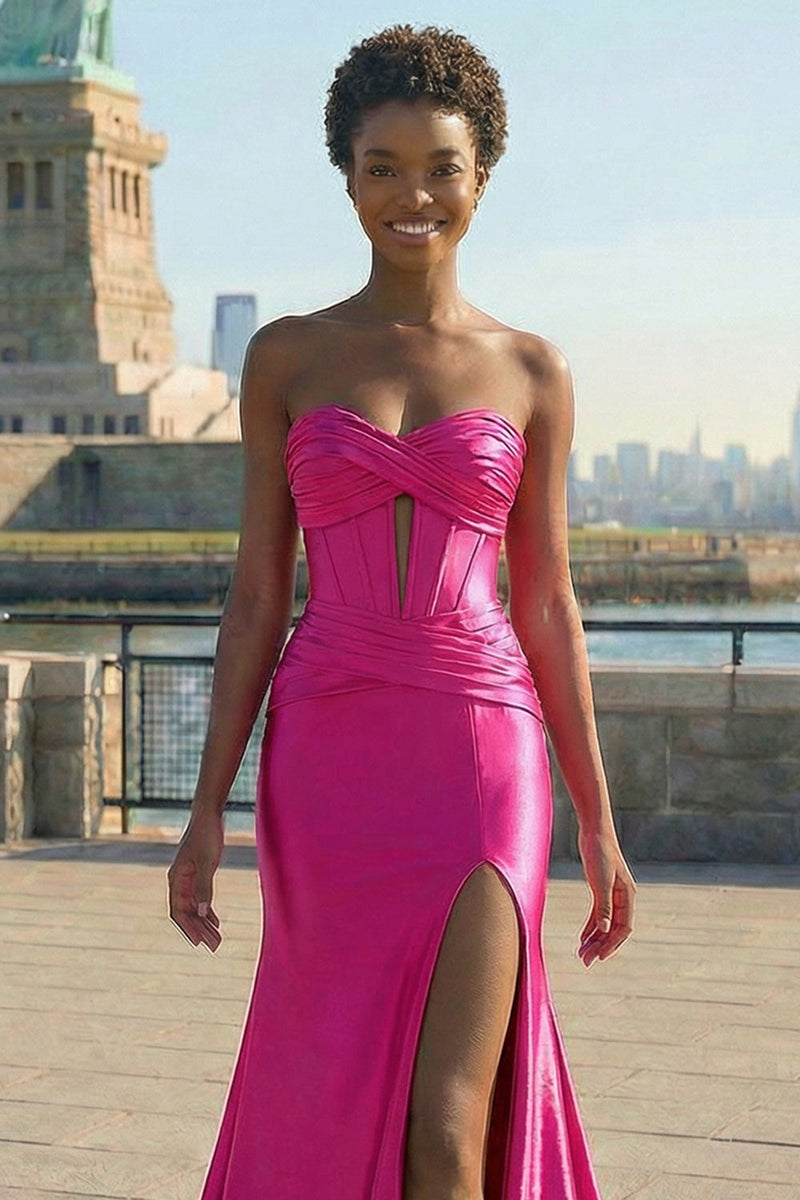 Laden Sie das Bild in den Galerie-Viewer, Meerjungfrau Fuchsien Korsett Herzausschnitt Schlüsselloch Langes Ballkleid mit Schlitz