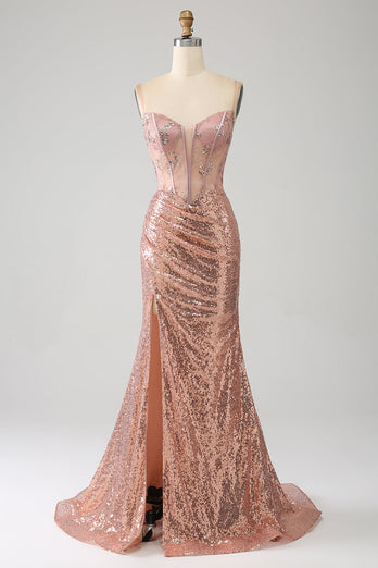 Meerjungfrau Rose Gold Perlen gerafftes Pailletten Korsett Ballkleid mit Seitenschlitz