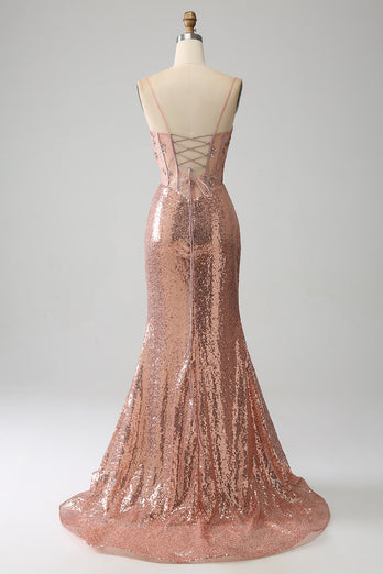 Meerjungfrau Rose Gold Perlen gerafftes Pailletten Korsett Ballkleid mit Seitenschlitz