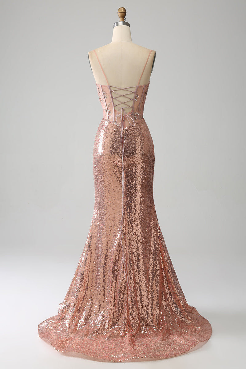 Laden Sie das Bild in den Galerie-Viewer, Meerjungfrau Rose Gold Perlen gerafftes Pailletten Korsett Ballkleid mit Seitenschlitz