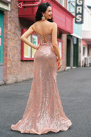 Laden Sie das Bild in den Galerie-Viewer, Meerjungfrau Rose Gold Perlen gerafftes Pailletten Korsett Ballkleid mit Seitenschlitz
