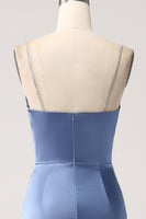 Laden Sie das Bild in den Galerie-Viewer, Meerjungfrau Grau Blau Satin Spaghettiträger Langes Abschlussballkleid