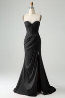 Laden Sie das Bild in den Galerie-Viewer, Burgunder Meerjungfrauen Spaghettiträger langes Korsett Ballkleid mit Schlitz