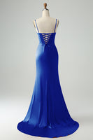 Laden Sie das Bild in den Galerie-Viewer, Burgunder Meerjungfrauen Spaghettiträger langes Korsett Ballkleid mit Schlitz