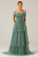 Laden Sie das Bild in den Galerie-Viewer, Grauer grünes Tüll schulterfreies Brautjungfernkleid