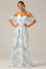 Laden Sie das Bild in den Galerie-Viewer, Weißes blaues geblümtes Boho Chiffon Brautjungfernkleid mit Rüschen