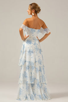 Weißes blaues geblümtes Boho Chiffon Brautjungfernkleid mit Rüschen