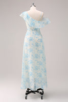 Laden Sie das Bild in den Galerie-Viewer, Stilvolles A-Linie Weiß Blau Blume Chiffon Brautjungfernkleid mit Schlitz