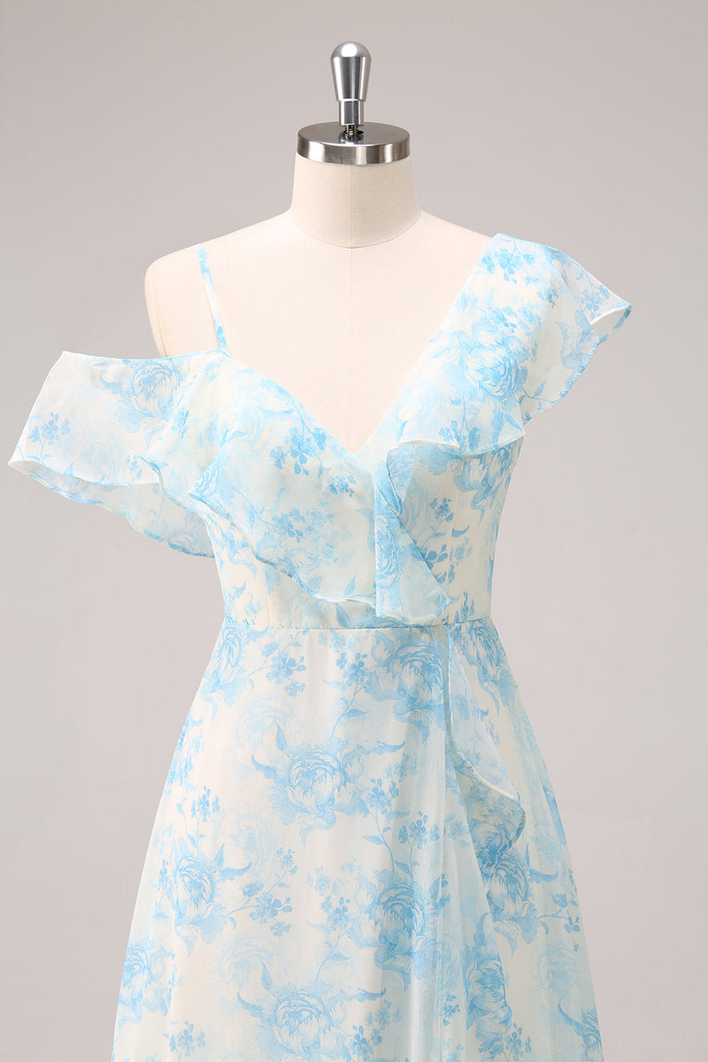 Laden Sie das Bild in den Galerie-Viewer, Stilvolles A-Linie Weiß Blau Blume Chiffon Brautjungfernkleid mit Schlitz